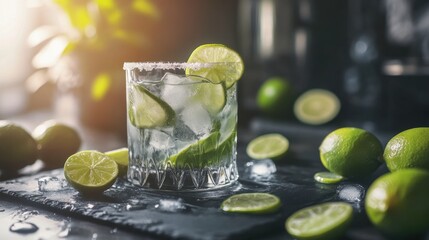 Fototapeta premium Imagen de un cóctel con limón y hielo