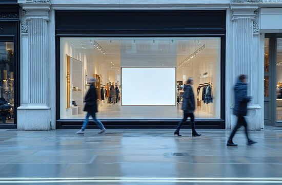 A photo of two people walking past the front window of an elegant store in London, showcasing stylish inside and a large white wall with blank space for text or product display. 
