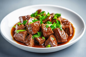 dish of braised beef garnished with fresh herbs, served in white bowl. rich sauce enhances tender meat, creating delicious and inviting presentation
