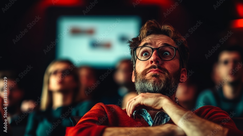 Poster man with glasses is sitting in a dark room with a group of people. he is looking at something on a s