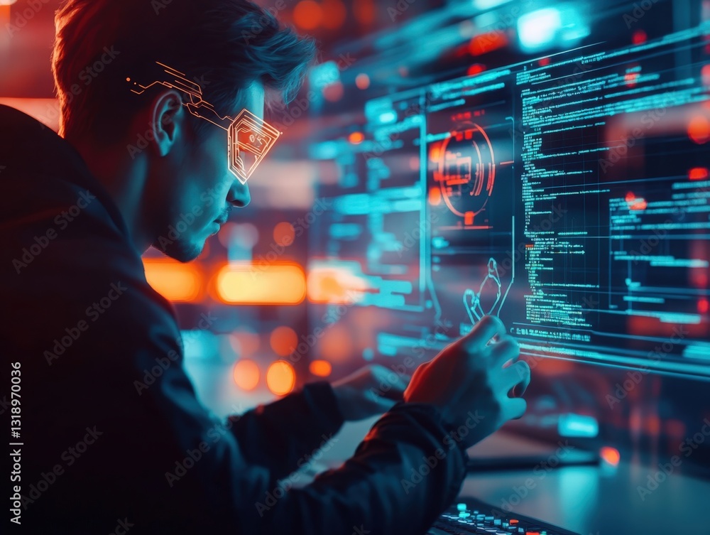 Aufkleber futuristic programmer working on a neon-lit screen, symbolizing innovation and technological advance