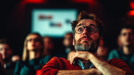 Man with glasses is sitting in a dark room with a group of people. He is looking at something on a screen in front of him. Scene is serious and focused