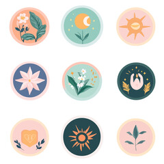 Floral Icons: Plants, Moon, Star, Sun - Botanical, Celestial, Simple Art
