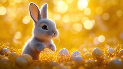 Fototapeta premium 3D Easter bunny with glowing eggs on a vibrant yellow background symbolizing new life