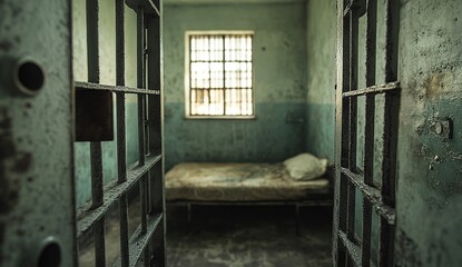 A prison cell with iron bars, a window, and a bed in the background. 