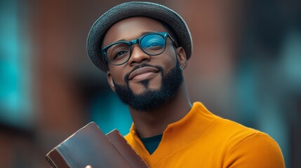 Man with glasses and a hat is holding a book. He has a beard and a mustache