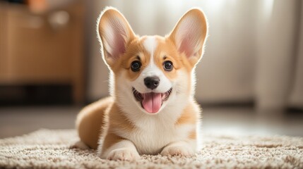 Adorable puppy with joyful expression lying on a soft rug in cozy indoor space, showcasing fluffy fur and bright eyes