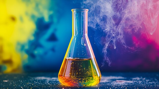 Colorful chemical reaction in flask, vibrant background