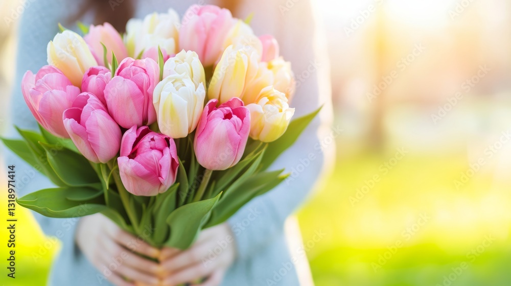 Poster woman is holding a bouquet of pink and yellow tulips. the flowers are arranged in a way that they ar