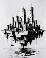 Obraz premium Floating city on water building design in sketch hand drawing black and white on plain white background