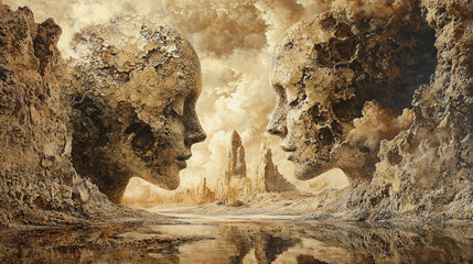 Philosophical art depicting the harmony of duality balance in a surreal landscape.