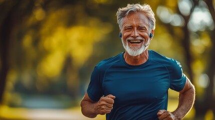 Man is running in a park with a smile on his face. He is wearing a blue shirt and has a headset on his head