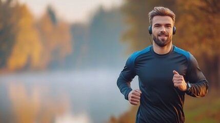 Fototapeta premium Man is running in a park with a lake in the background. He is wearing headphones and smiling