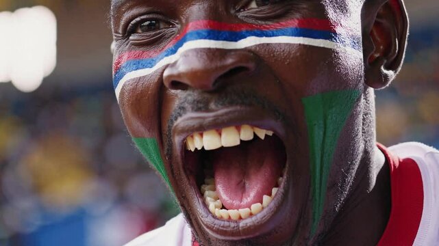 Happy Gambian sports fan with vibrant face paint cheering at a stadium event  
