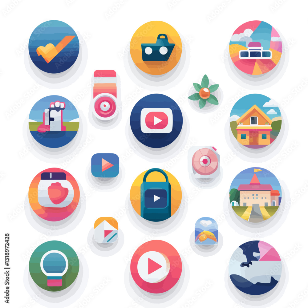 Poster colorful app icons representing diverse functions and utilities on white