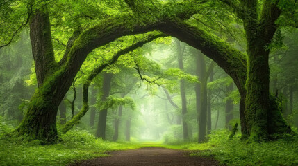 Obraz premium mysterious ancient forest with towering trees and lush greenery creates serene atmosphere. mist adds enchanting touch to tranquil path ahead