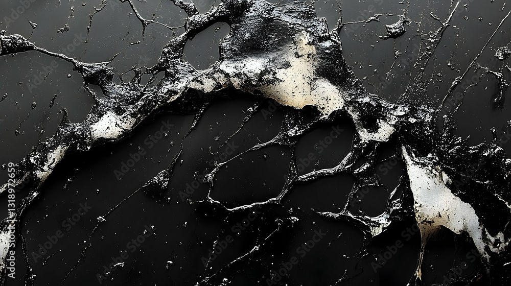Poster abstract dark textured art with black and white splatters creating a dynamic, chaotic composition. t