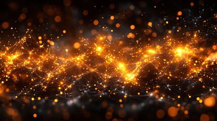 Fototapeta premium Abstract glowing network connection. Golden nodes and lines against a dark background, perfect for technology, science, or futuristic concepts.