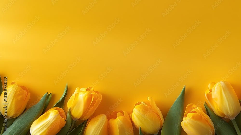 Poster yellow background with a bunch of yellow tulips. the tulips are arranged in a row and are the main f