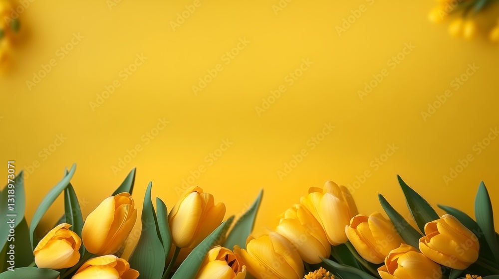 Poster yellow background with a bunch of yellow flowers in the foreground. the flowers are arranged in a wa