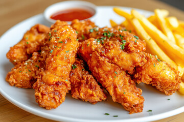 Fototapeta premium Crispy fried boneless chicken served with golden fries and dipping sauce, perfect for delicious meal. Enjoy savory flavors and satisfying crunch