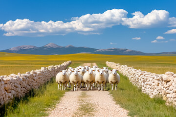 Fototapeta premium Sheep move together along a narrow path framed by rustic stone walls, entering an open gate, while bright clouds float in the azure sky above the expansive landscape