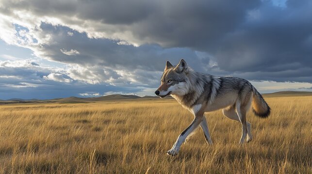 Graceful Falkland Island Wolf Dusicyon australis extinct walking across an open grassland with windswept fields and dramatic skies