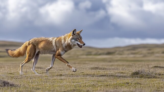 Graceful Falkland Island Wolf Dusicyon australis extinct walking across an open grassland with windswept fields and dramatic skies