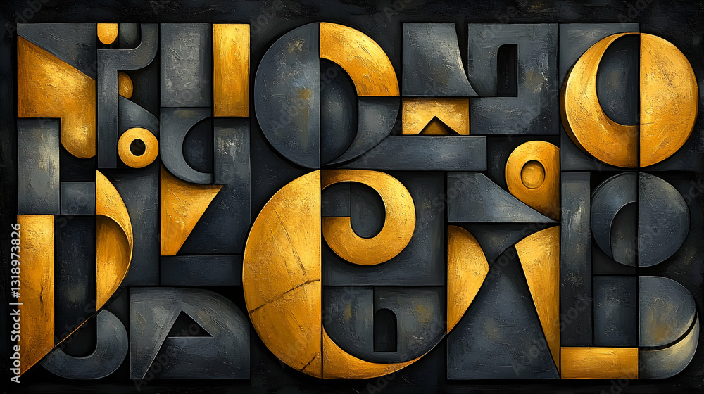 Poster abstract geometric artwork featuring dark gray and gold shapes, creating a visually textured and com