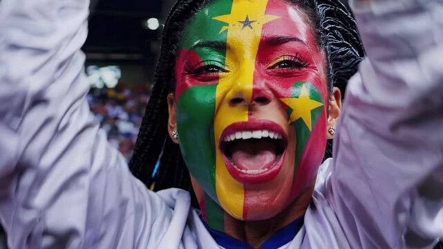 Joyful Grenadian sports fan with vibrant red, yellow, and green face paint cheering at a stadium  
