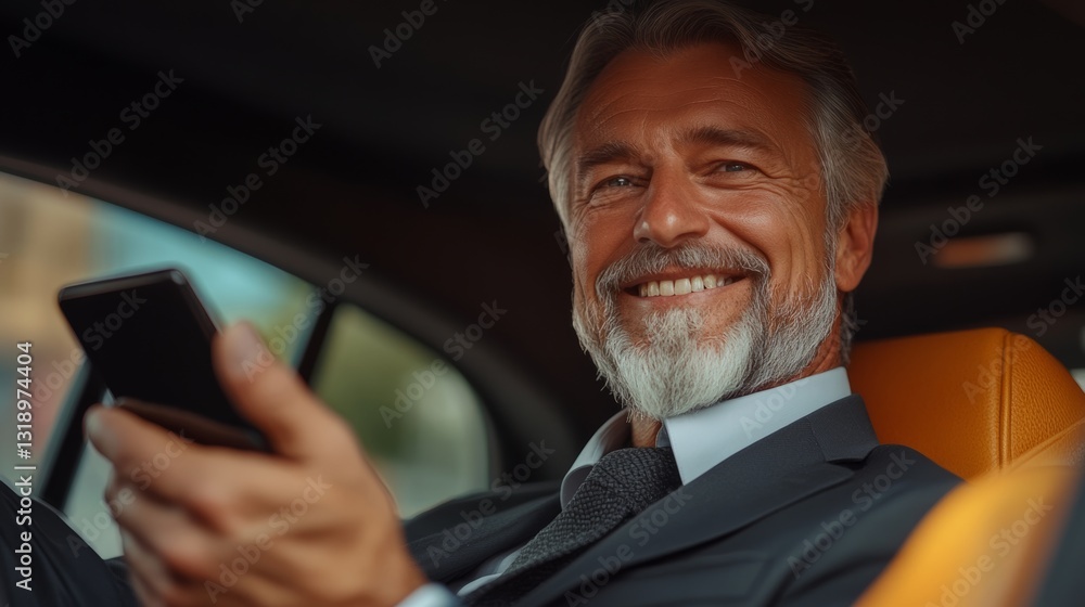 Poster man in a suit is smiling and holding a cell phone. he is happy and content