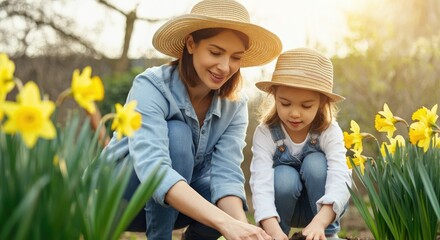 Mother and daughter gardening together in spring, surrounded by flowers, wearing hats