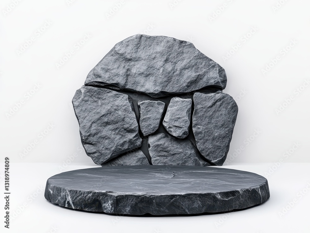 Poster a textured stone backdrop with a circular platform, ideal for product displays