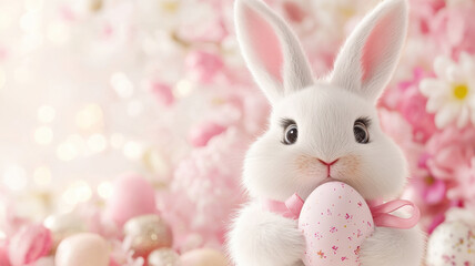 Adorable fluffy bunny holding pink egg surrounded by pastel flowers and decorations, evoking joyful and festive atmosphere
