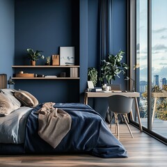 Dark hotel bedroom interior with bed, shelf with decorations and desk with chair on wooden floor. Panoramic window to tropical. copy space blue wall.