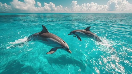 Obraz premium Dolphins Leaping in Vibrant Turquoise Waters near Golden Sandy Beach