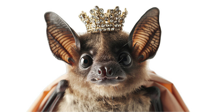 Fancy Big-Eyed Bat Adorned With a Sparkling Tiara and Regal Cape in a Whimsical Forest Setting