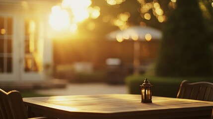 Elegant home with patio and outdoor kitchen under soft sunset glow, serene and inviting atmosphere.
