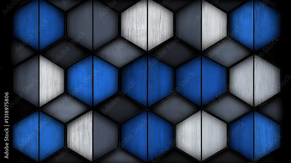 Poster hexagonal pattern with wooden textured blue and gray elements design