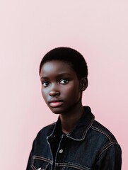 A young person with short hair poses against a soft pink background, showcasing a simple yet striking expression in a denim jacket.