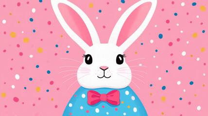 adorable rabbit with bow, sitting against colorful polka dot background, radiating joy and charm. Perfect for festive themes and children decor