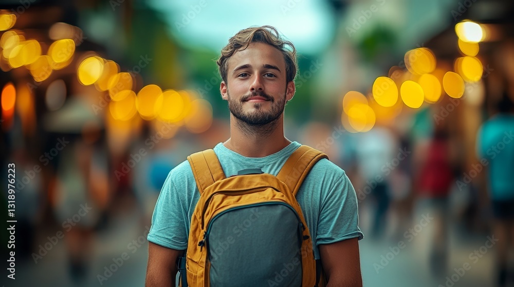 Poster man with a backpack is smiling in front of a blurry background. concept of adventure and excitement,