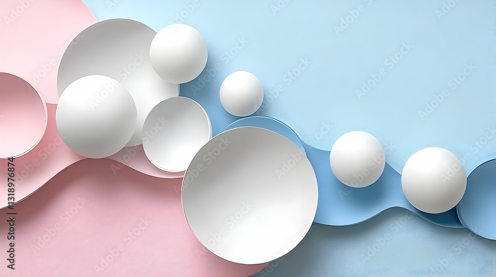 Poster abstract pastel-colored shapes and spheres create a visually appealing composition. smooth curves an