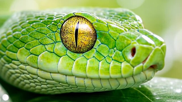 Close up of green tree python with striking yellow eyes on leafy background