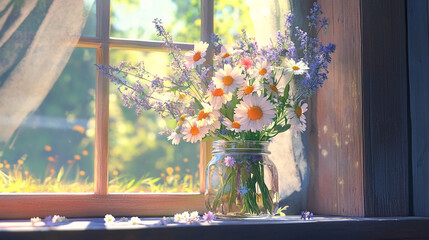 A vase of flowers sits on a windowsill, with the sunlight streaming in and casting a warm glow on the petals. The flowers are a mix of daisies and lavender, and they seem to be in full bloom