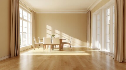 Obraz premium Modern apartment interior design, dining room with table and chairs, empty living room with beige wall.