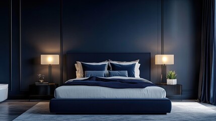 Modern bedroom interior with dark blue walls, a large double bed and two bedside lamps