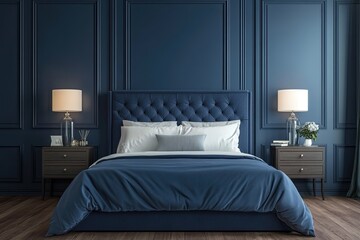 Modern bedroom interior with dark blue walls, a large double bed and two bedside lamps
