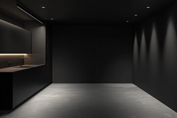 Modern black interior empty room kitchen mockup suitable for interior furniture template 3d rendering