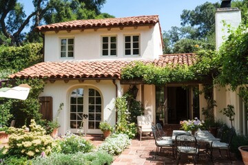Close-up front view of European villa with red roof and lush garden
